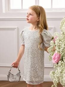 Young Girl Elegant Cute Silver Sequin Short Sleeve Dress Girls Sequin Dress Girls Glitter Dress Girls Shimmer Dress Kids Sequin Dress Girls Silver Dress Halloween Dress Christmas Dress Birthday Dress