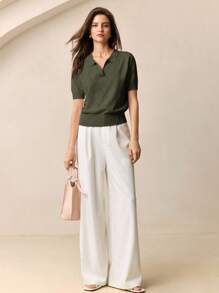 BizChic 女士绿色 Polo 领菱形针织短袖套头毛衣，简约都市通勤必备，优雅时尚，商务休闲风，适合办公室、教师及夏季穿着。