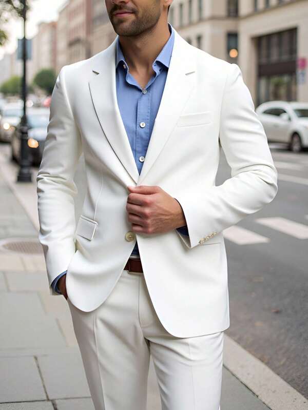 Manfinity Mode Men's Solid Color Business Commuter Suit Jacket Wedding Suits For Men White Men's Suit Casual Suits For Men