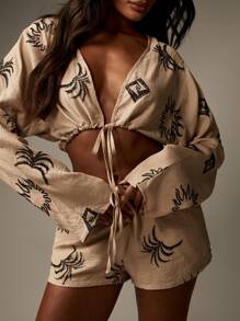 MISSGUIDED Boho Festival Linen Feel Two Piece Crop Top Shorts Set Embroidered Sun Pattern Beach Wear Summer Resort Wear - Champagne - View 6