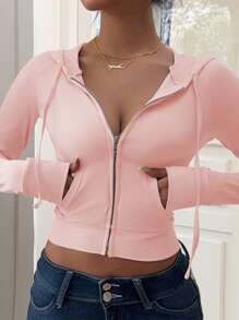 INAWLY Chaqueta con capucha con cremallera de unicolor para mujer, de moda para el verano