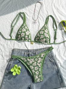 SHEIN 2 件套女士花卉印花三角泳衣套装，系带式海滩度假比基尼