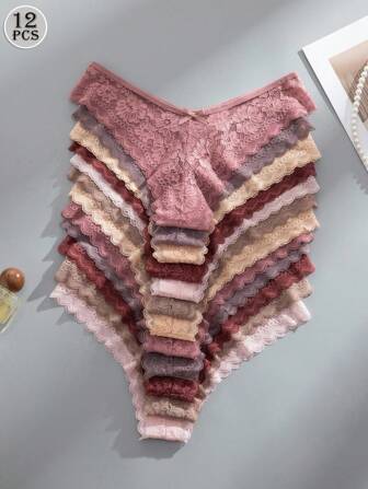 12pcs/Pack Women Lace Trim Elegant & Comfortable Briefs