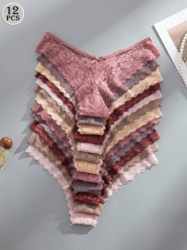 Shein Underwear&Sleepwear Basics 12 piezas/Paquete Bragas elegantes y cómodas con ribete de encaje para mujeres