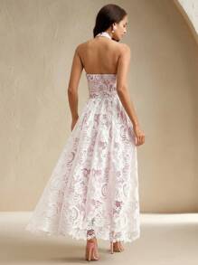 Anewsta Rochie maxi pentru femei, elegantă, simplă, sexy, modernă, pentru petreceri, de sărbători, cu imprimeu încrucișat, fără mâneci, fără spate, cu fermoar, albă, din dantelă solubilă în apă, cu model pelerină, cu căptușeală contrastantă, cu tiv din dantelă poziționată - alb - Vizualizare 2