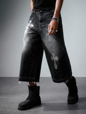 Jeans en denim délavé avec graphique de croix de style gothique de rue pour hommes, Halloween