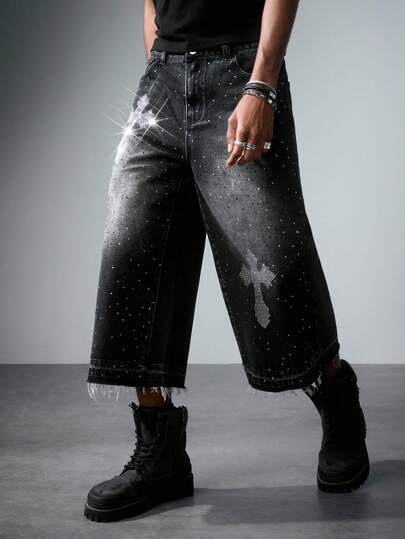 Men's Gothic Cross Street Style Cross Graphic Distressed Washed Denim Jeans, Halloween