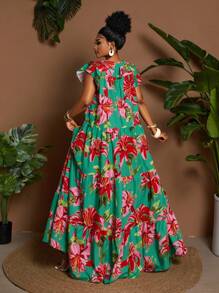 Maweii 大码数码花卉印花盖袖褶饰拼布圆领节日连衣裙 - 綠色 - 查看 2