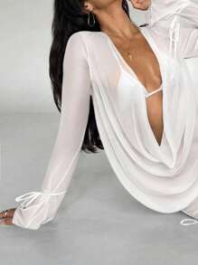 Aloruh 加大码女式栗红色/紫色纯色披肩领纽扣式性感露背优雅衬衫风格沙滩罩衫