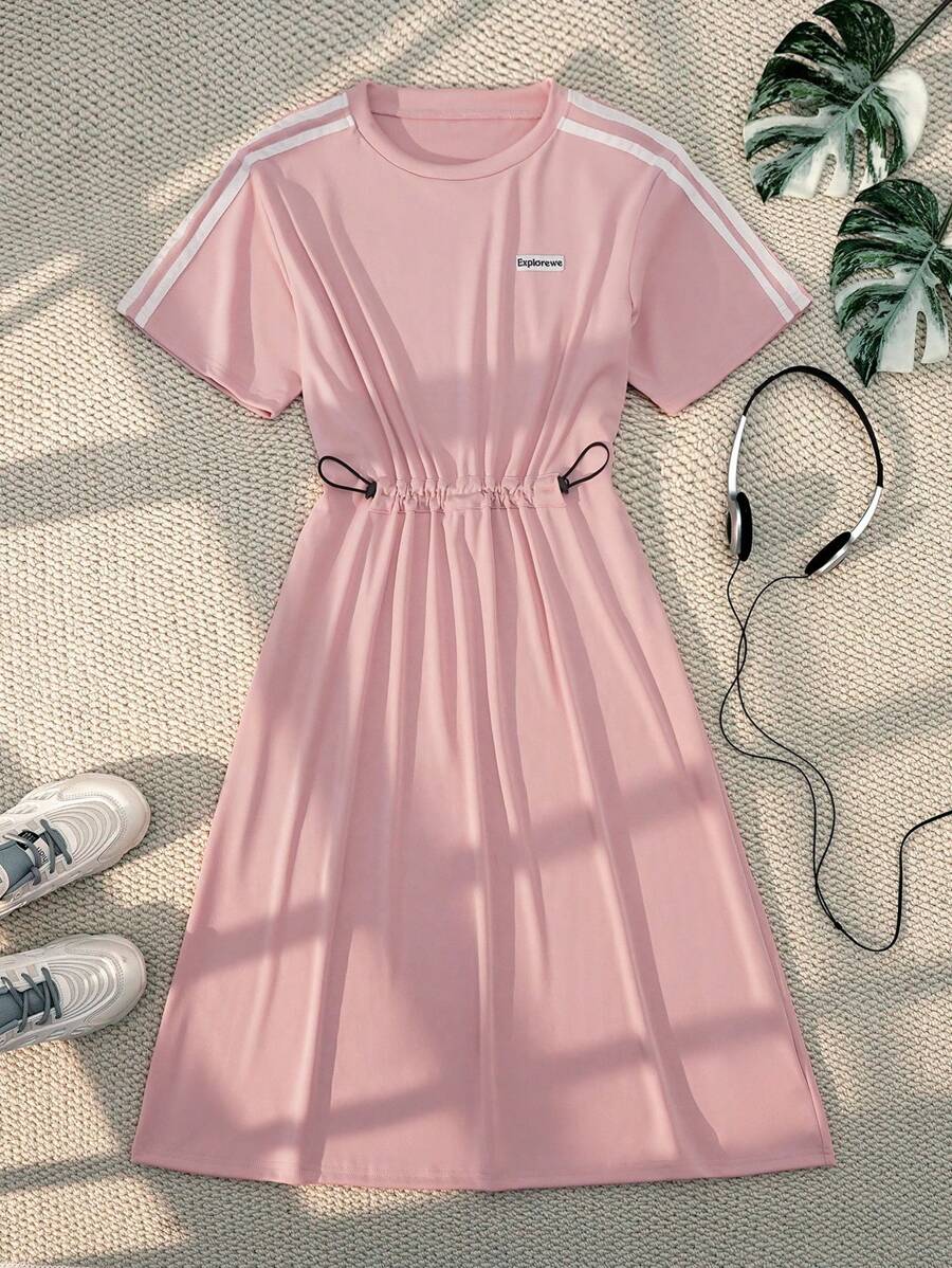 SHEIN 1件少女卡其色拼接藏蓝色时尚休闲连衣裙粉色连衣裙 - 粉色 - 查看 1