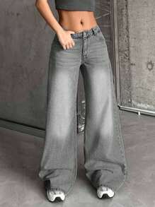 RueChic 100%纯棉女式低腰浅蓝色水洗直筒宽松牛仔裤