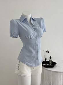 SHEIN Unity Women's Casual Shirt With Embroidered V-Neck - Blue - View 3