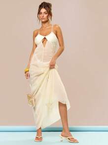 MUSERA Halterneck Satin Bust Cut Out Low Scoop Back Chiffon Mesh Floaty Maxi Dress Graduation Prom Birthday Summer Vacation Holiday Festival Cute Casual Elegant Tuscan Sun Ibiza Beach - White - View 5