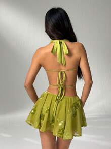 SHEIN PETITE 女式性感低胸亮片迷你连衣裙 - 綠色 - 查看 2