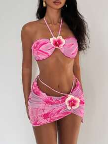 EgrlEra Three-Piece Women's Swimsuit Set With Yellow Random Flower Prints And Ruffled Tube Top With Strapless Lace-Up Top And Three-Dimensional Flower Design On The Chest And Swim Trunks With Large Flower Prints And Drawstring Skirt With European And American Girls' Sexy Style Beach Vacation Swimming Pool Bikini Set For Summer - Multicolor - View 1