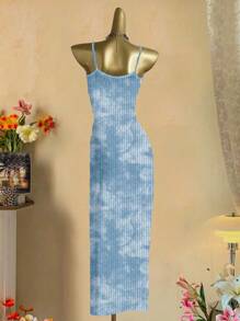 SHEIN EZwear 休闲简约街头风格浅蓝色扎染抽象印花紧身吊带长裙，适合夏季穿着 - 彩色 - 查看 7