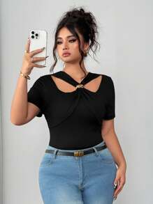 Elenzga Blusa de manga corta con cuello cuadrado para mujer de talla grande, con silueta estilizadora, versátil y de moda para uso diario en primavera/verano - Negro - Ver 2