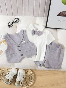 SHEIN 3pcs Baby Boy Lightgrey Plaid Vest,Casual Shorts,Bowknot Summer Formal Outfit Set,Elegant Wedding,Weddingguest,Birthday Party,Christening Performance - Grey - View 3