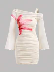 Firerie Kids Firerie Kids Váy xòe họa tiết hoa lưới bó sát cho bé gái tuổi mới lớn màu kem, phù hợp mặc thường ngày, đi nghỉ, tiệc tùng, giải trí, có họa tiết hoa, váy xòe, hoa dâm bụt, hoa sứ tay loe - Màu be - Xem 3