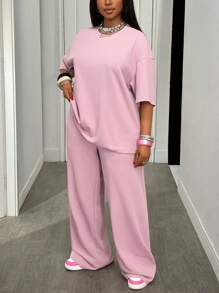 Slaydiva 秋冬新品/女士秋装/万圣节/女士秋冬服装 秋冬新品，女士秋冬服装 - 粉色宽松露脐上衣T恤和阔腿口袋裤家居服套装，舒适面料大码女装，女士秋装两件套，女士舒适两件套，女士两件裤套装，女士休闲两件套，舒适两件套 - 粉色 - 查看 4