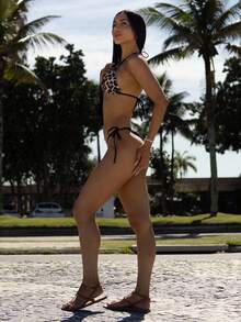 Carolina Barros 2pcs Women's 2025 Leopard Print Halter Tie Sexy Bikini Set Summer - Black - View 6