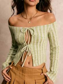 Easelle Women's Autumn And Winter Retro Casual Office Commuting Modern Fashion Elegant Sexy Bow Tie Hollow And Green Wide Pit Stripes One Shoulder Slim Wool Top