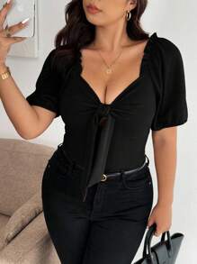 Elenzga Plus Size Black Knitted Tie-Front Top With Sweetheart Neckline And Short Puff Sleeves Black Tie Front Top Black Ribbed Top Puff Sleeve Top Women Black