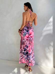 Aloruh Women's Tie-Dye Print V-Neck Dress, Sexy Mesh, Holiday/Resort Wear, Spring/Summer - Multicolor - View 4