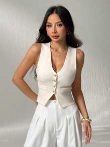 SHEIN PETITE Damski swobodny, jednokolorowy, dzianinowy top z guzikami z przodu, letni - Biały - Zobacz 5