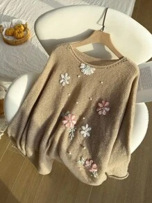 Comfortcana Suéter casual con decoración de flor 3D, talla grande, primavera/otoño
