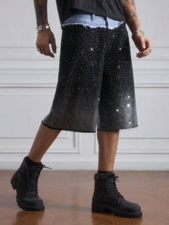 Street Life Pantalones cortos vaqueros holgados con doble capa, cintura contrastada y decoración de strass, estilo casual de calle de moda para verano para hombres