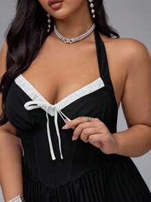 Flirla Plus Size Tie Bow Contrast Color Block Ruched A-Line Elegant Vacation Party Club Little Black Dress - Black - View 9