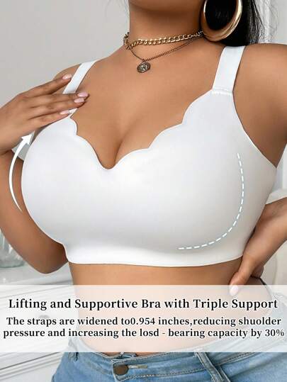 SHEIN Plus Size Women's Seamless Wirefree Bra Push Up Soft Support V-Neck Bra, Wide Shoulder Strap Comfortable