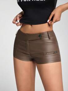 SHEIN EZwear 女士时尚纯色低腰修身短裤，夏季 - 棕色 - 查看 6