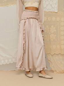 SHEIN MOD Gonna a-line con volant tinta unita da donna, adatta per autunno, rientro a scuola, abbigliamento da ufficio, stile old money, casual business, insegnanti, compleanni, ufficio, stile boho - Cachi - Visualizzare 4