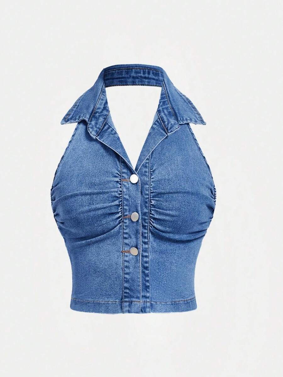 SHEIN MOD 大码女式夏季休闲褶饰单排扣挂脖牛仔上衣 - 深色水洗藍 - 查看 1