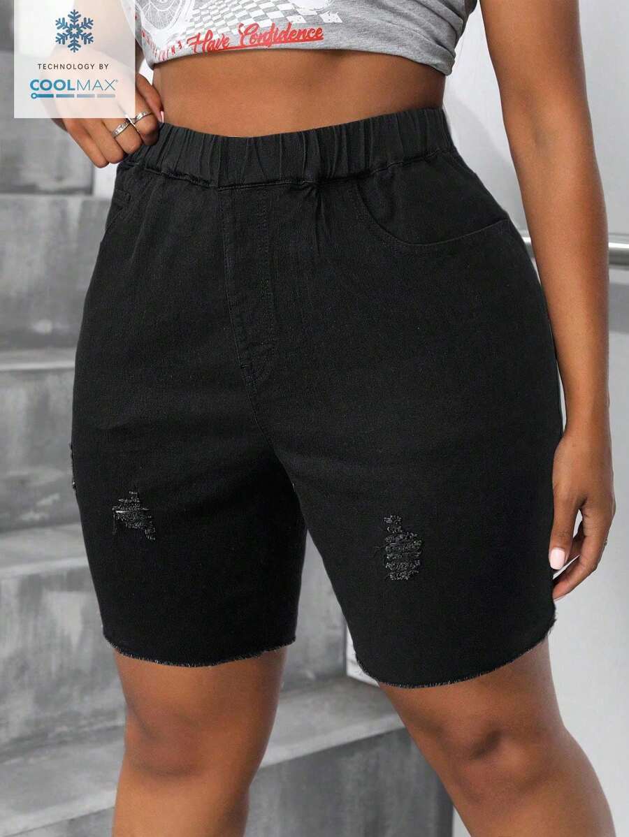 SHEIN SXY Plus Size Women Elastic Waist Denim Biker Shorts For Autumn