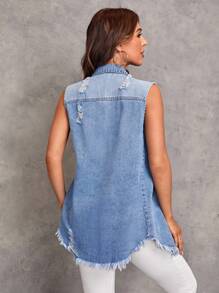 EMERY ROSE Women's Summer Sleeveless Ripped Single-Breasted Casual Denim Jacket - Medium Wash - View 2