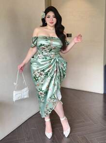 Flirla 大码女式春夏抹胸褶皱荷叶边袖花卉印花缎面中长连衣裙，优雅复古风格休闲节日连衣裙 - 彩色 - 查看 4