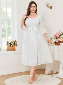 Modelyn Plus Size Women's Floral Embroidery Ruffle Sleeve Dress - Beige - View 6