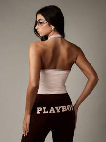 Missguided x Playboy Retro Halter Neck Cami Crop Top With Cut Out Detail Urban Streetwear Studio Club Festival Summer Top - Pink - View 2