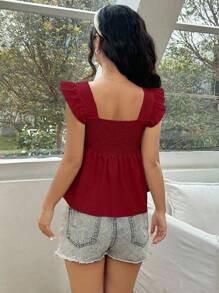SHEIN Unity Solid Color Textured Shirt With Chest Ruching & Sweetheart Neckline Peplum Top - Burgundy - View 2