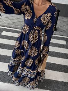 Breezaya 前系带长袖百褶印花超长休闲连衣裙，适合新年服装 - 彩色 - 查看 4