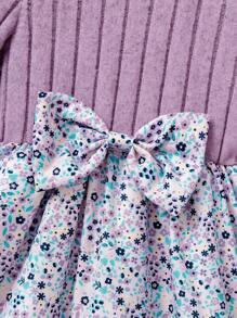 Baby Girls' Casual Ditsy Floral Long Sleeve Ribbed Knit Dress, Autumn Fall Winter - Purple - View 7