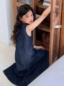 Dazy Kids Tween Girls Round Neck Sleeveless Denim Dress, Tween Girl Fall Clothes - Dark Wash - View 2