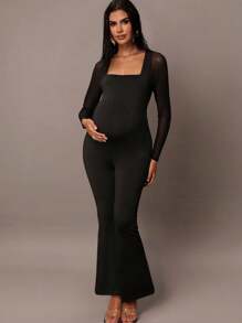 MaterniChic Autumn And Winter Maternity Solid Color Mesh Patchwork Slim Jumpsuit - Black - View 3