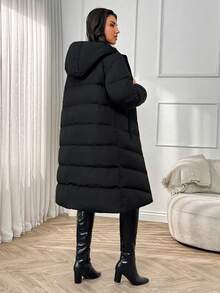 SHEIN Cottnline Plus Size Zip Up Drawstring Hooded Solid Color Winter Coat Holiday Club Black Casual Baggy - Black - View 3