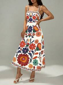 SHEIN PETITE Váy suông họa tiết hoa chữ A không tay cạp chun cho nữ đi nghỉ thường ngày, Xuân/Hè - trắng - Xem 4