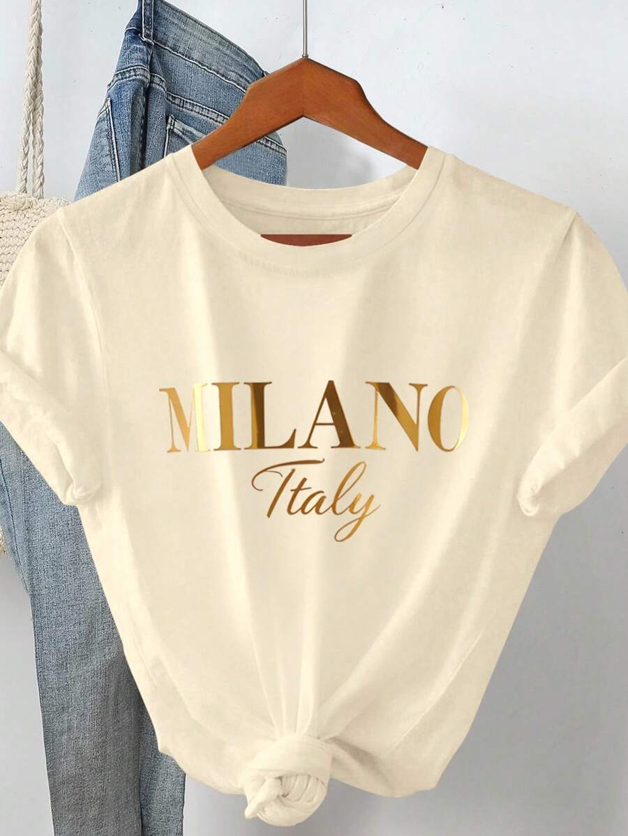 Women Crew Neck Simple & Fashionable T-Shirt, Suitable For Summer - Khaki - View 1