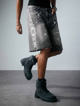 Street Life Men's Street Life Rhinestone Embroidery Pattern Denim Shorts